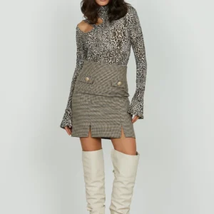 Relish Fuji Mini Skirt Pie de Poule Beige – Sparkling Tailored Mini with Sequins | Relish