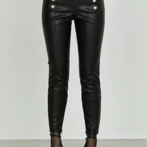 High-Waisted Faux Leather Pants Black – Sculpting Skinny Fit with Gold Button Detail | Relish Quorum