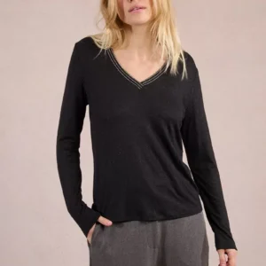 Molly Bracken Γυναικείο Μαύρο Μακρυμάνικο T-Shirt με Iridescent V-Λαιμόκοψη – Elegant Basic Top  Look
