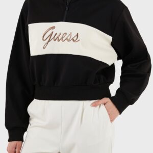 Guess Fabia Half-Zip Sweatshirt – Γυναικείο Μαύρο Φούτερ με Κέντημα & Λευκή Ρίγα