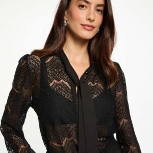 Morgan Lace Shirt with Lavallière – Μαύρο Δαντελένιο Πουκάμισο με Lavallière Γιακά
