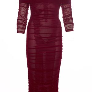 ERYA INTIMATE Wine Off-Shoulder Midi Dress Γυναικείο Wine Red – Ελαστικό Τούλι & Σούρες