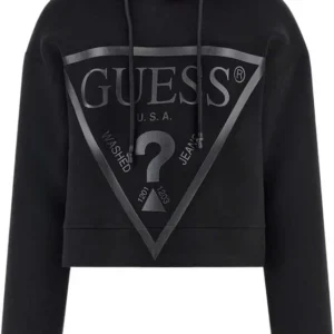 Guess New Alisa Hooded Sweatshirt – Γυναικείο Cropped Hoodie με Μεγάλο Logo σε Μαύρο
