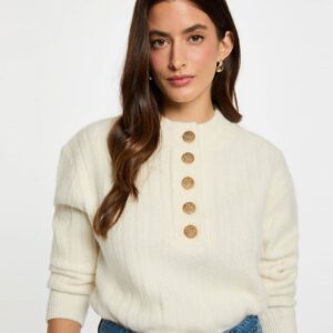 Morgan Cropped High-Neck Sweater – Κοντό Πουλόβερ με Ψηλό Λαιμό & Χρυσά Κουμπιά σε Off-White