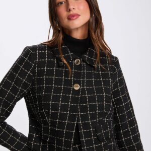 Alternative view of Morgan Fitted Cropped Tweed Jacket – Μαύρο Καρό Κοντό Σακάκι με Μοντέρνα Γραμμή